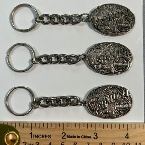 Vermont Keychain Silver Tone Oval Key Ring State Mountain Emblem Auto THREE
